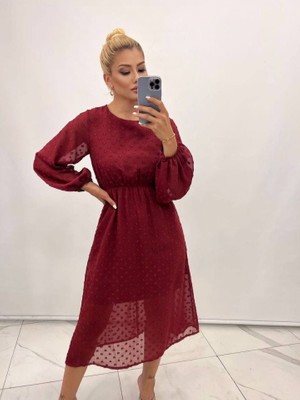 Drgy Kadın Uzun Kollu Astar Detay Fırsat Ürün Ponpon Şifon Elbise
