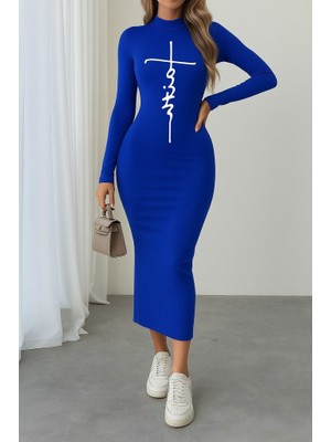 Drgy Kadın Uzun Kollu Boğazlı Baskı Detaylı Viskon Tam Boy Elbise