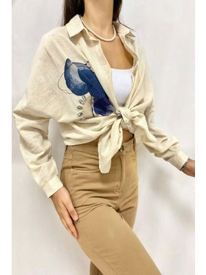 Drgy Bej Taş Işlemeli Keten Gömlek