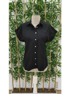 Drgy Kadın Kısa Kollu V Yakalı Önden Düğmeli Dokuma Gömlek