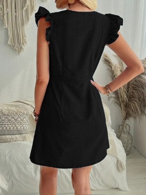 Drgy Kadın Fırfır Kollu V Yakalı Düğmeli Keten Elbise