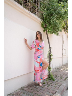 Drgy Fuşya Desenli Yırtmaçlı Elbise