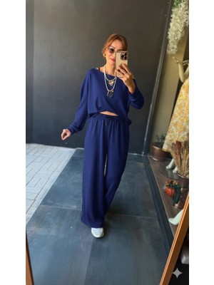 Drgy Kadın Uzun Kollu Tek Omuzdan Açık Viskon Iki Iplik Bluz ve Pantolon Ikili Takım