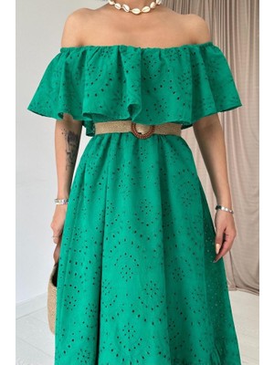 Drgy Yeşil Omzu Lastikli Brode Elbise