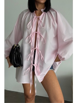Drgy Gömlek Poplin Hakim Yaka Önden Bağlama Ip Detaylı - Pembe