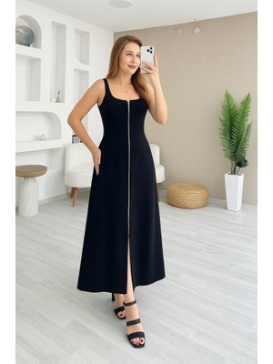 Drgy Kadın Askılı Kare Yaka Önden Fermuarlı Geniş Kesim Janjan Krep Elbise