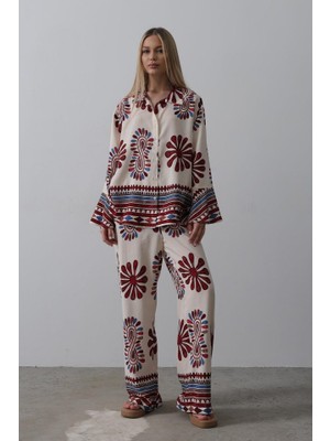 Drgy Desenli Kolları Volanlı Pantolon Takım - Kırmızı