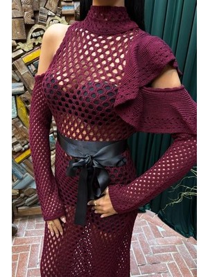 Drgy Saten Kuşaklı Ajurlu Triko Elbise 2847