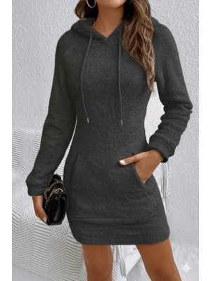 Drgy Kadın Uzun Kollu Kapşonlu Cepli Mini Peluş Elbise