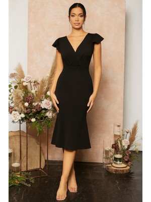 Drgy Kadın Kısa Kelebek Kollu Kruvaze Yaka Ithal Krep Midi Elbise