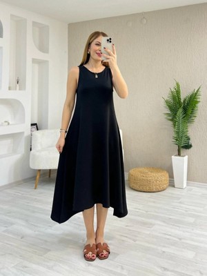 Drgy Kadın Askılı Yuvarlak Yakalı Asimetrik Kesim Detaylı Viskon Elbise