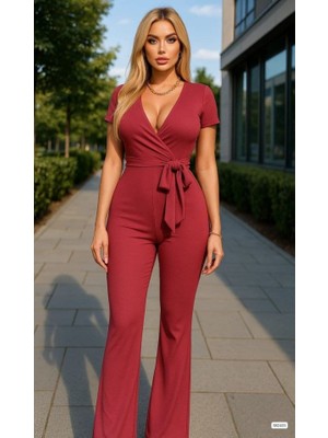 Drgy Kadın Kruvaze Yaka Kısa Kollu Kuşaklı Tulum