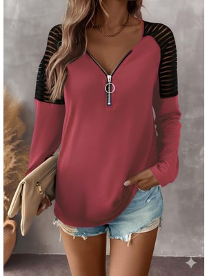 Drgy Kadın Uzun Kollu Yakadan Fermuarlı Viskon Bluz