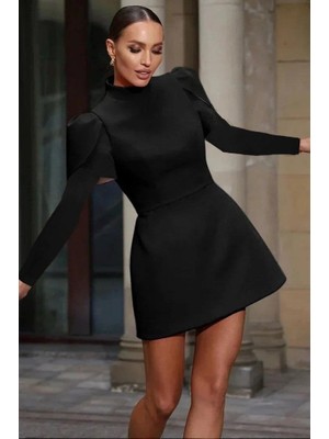 Drgy Kadın Uzun Kollu Yarı Balıkçı Yaka Arkadan Kurdela Detaylı Mini Atlas Elbise