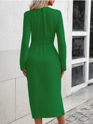 Drgy Kadın Uzun Kollu Önden Düğmeli Beli Kuşaklı Aerobin Midi Elbise