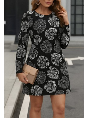 Drgy Kadın Uzun Kollu Bisiklet Yaka Desenli Kısa Krep Elbise