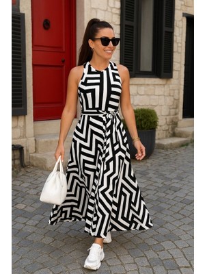 Drgy Kadın Ayarlanabilir Askılı Geometrik Desen Kuşaklı Gipeli Süprem Elbise