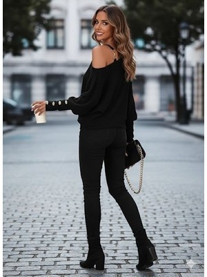 Drgy Kadın Uzun Kollu Tek Omuzdan Açık Askı Detaylı Waffle Bluz