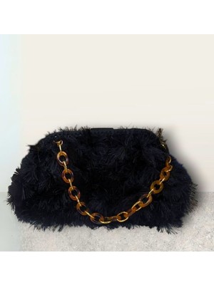 Handmade Akrilik Zincir Saplı Burslu Siyah Kürk Çanta, Burslu Çanta, Kadın Çanta