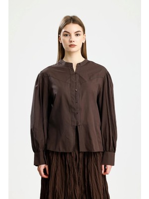 İVRESSE Büzgü Detaylı Pamuklu Gömlek Kahve