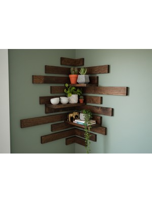 Dekoratif Ahşap Köşe Raf Ünitesi | 3 Adet Raf + 20 Parça Duvar Çıtası | Doğal Çam - Ceviz Renk