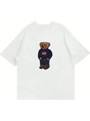 Mad&Calf Unisex Teddy Boy Baskılı Bisiklet Yaka Oversize Tshirt