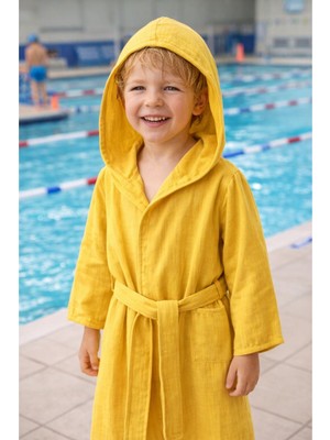 Miespiga Pamuklu Kapüşonlu Çocuk Müslin Bornoz Sarı