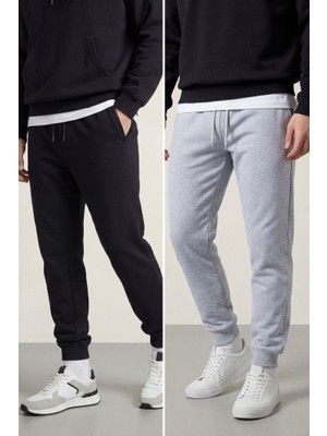 Mmetalic Erkek Siyah-Gri Arka Cep Etiket Detaylı Paça Lastikli Regular Fit 2'li Eşofman Altı