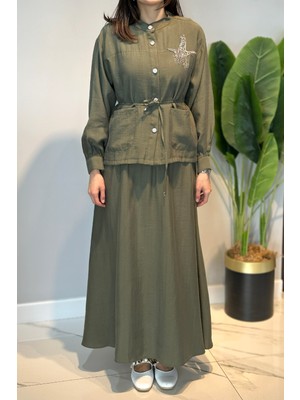 Lale Butik Taş Işlemeli Gömlek Çan Etek Takım 4443 Haki