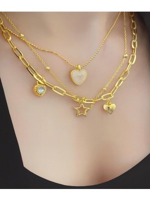 Girift Vintage Ylux 3'lü Kalp Yıldız Detaylı Gold Kolye Seti