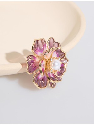 Jimmy Key Kahverengi Renkli Çiçek Figürlü Incili Broş