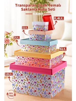 Nandy Home 5'li Transparan Çiçek Temalı Çok Amaçlı Saklama Kutusu Seti 0,4-1-2-6-18LT.