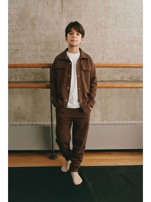Magu Erkek Çocuk Pamuklu Kahve Ceket Pantolon ve T-Shirt Takım