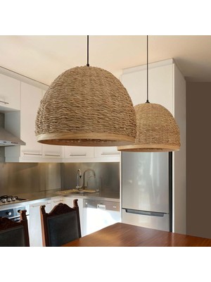 Noldecoration Naturel Rafya El Örgüsü Yarım Küre 40CM ÇAP*38CM Yükseklik Modern Hasır Sarkıt Sepet Avize