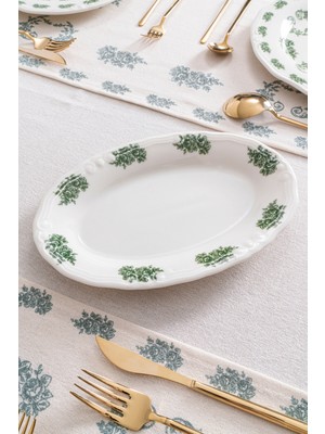 Rubi Porselen Vintage Flowers Green 2’li Kayık Tabak 26 cm – Çiçek Desenli Porselen Sunum Tabağı