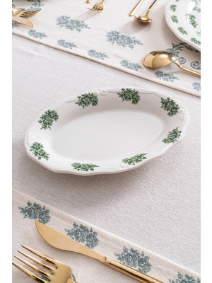 Rubi Porselen Vintage Flowers Green 2’li Kayık Tabak 21 cm – Çiçek Desenli Porselen Sunum Tabağı