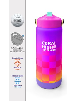 Coral High Neon Renkli Dama Desenli Katlanır Ağızlıklı Çelik Termos 650 ml 38303