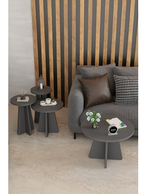 Alpa Ev Mobilya 3'lü Mantar Yuvarlak Zigon Sehpa ve Orta Sehpa Takımı - Salon, Ofis Sehpa Takımı, Yan Sehpa, Set