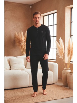 Kompedan Erkek Uzun Kollu 4 Mevsim Penye Süprem Önü Patlı Pijama Takımı | Siyah 801