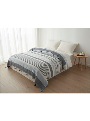 Orbit Pamuklu Çift Kişilik Pike ve Yatak Örtüsü - 220X240 cm Dokuma, Püsküllü, Çizgili Tasarım, Makinede Yıkanabilir