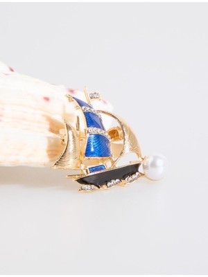 Jimmy Key Lacivert Yelkenli Figürlü Incili Broş