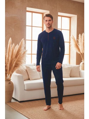 Kompedan Erkek Uzun Kollu 4 Mevsim Penye Süprem Önü Patlı Pijama Takımı | Lacivert 802