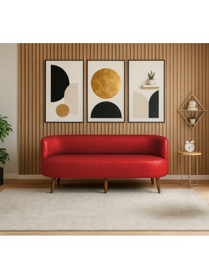 Azra Mobilya Sydney Üçlü Koltuk Kanepe | Deri Kumaş - Ahşap Ayak | Ev & Ofis Kullanımı - Kırmızı