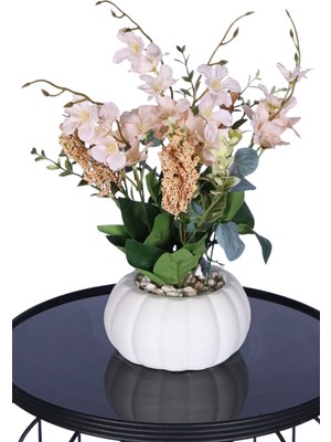 Yapay Çiçek Sitesi Küçük Kabak Beton Saksıda Yapay Yasemin Çiçeği Krem