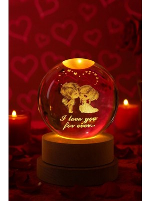 Marsilyan Romantik LED Işıklı Kristal Küre Lamba – "I Love You Forever" Tasarım – USB'li Ahşap Standlı