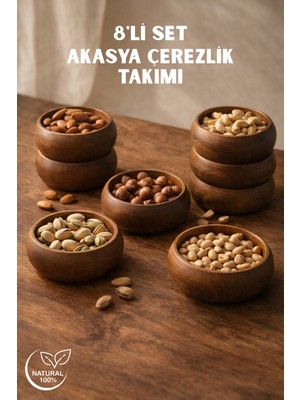 Nandy Home Doğal Akasya Ahşap Çerezlik 8'li Set – Kahvaltı & Çerez Sunum Kasesi – 9 cm