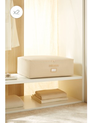 Ocean Home Textile 2'li Büyük Boy Bej Balıksırtı Baza Altı Hurç Set 62 x 46 x 22 cm