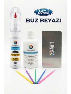 COLORGUARD Ford Buz Beyazı İğneli ve Fırçalı 2 si 1 Arada Rötuş Boyası Yüzey Temizleme Solüsyonu Profesyonel ve Çapaksız Rötuş Çeliği 5'li Uygulama Çubuğu Seti
