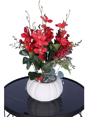 Yapay Çiçek Sitesi Küçük Kabak Beton Saksıda Yapay Yasemin Çiçeği Kırmızı