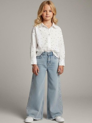 Zekids Kız Çocuk Taş Işlemeli Geniş Paçalı Jean Pantolon